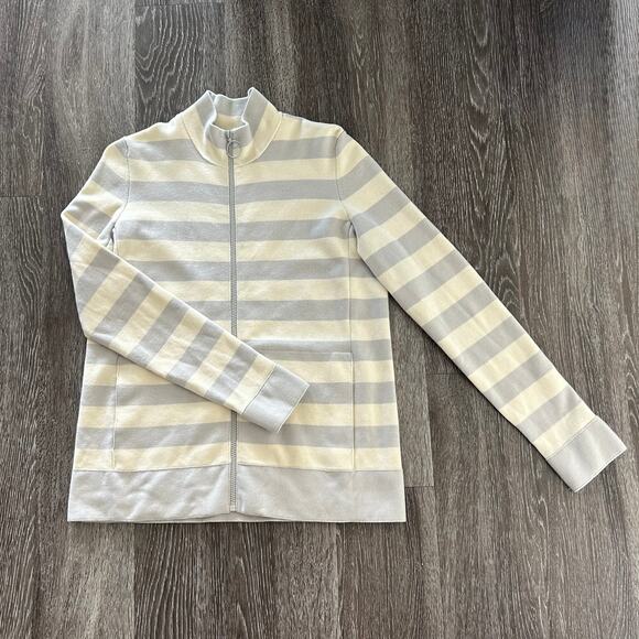 Akris Punto Wool Zip Sweater Jacket‎ US 10 Gray Beige Striped Mock Neck Designer - Picture 1 of 16